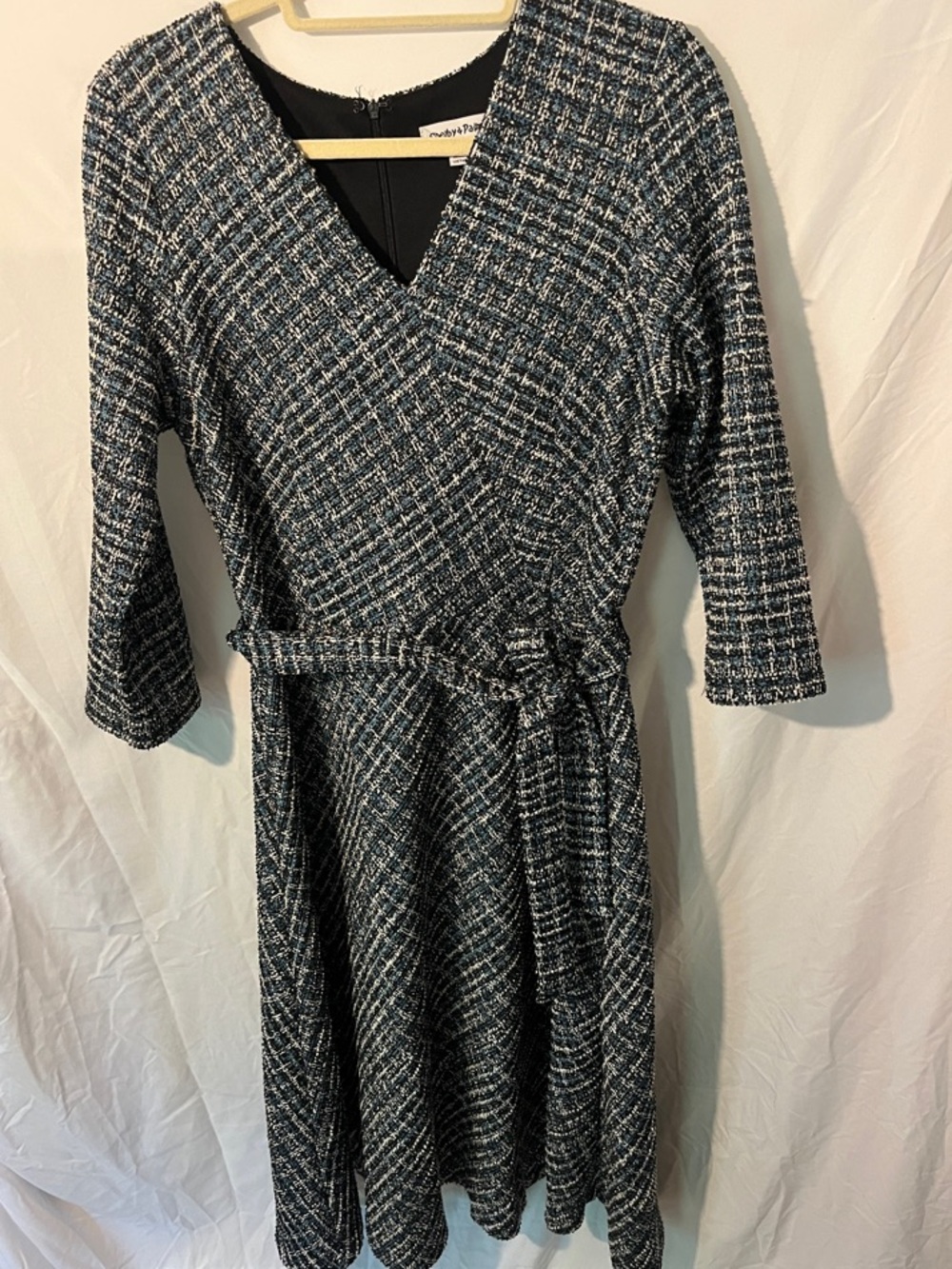 Shelby + Palmer Classic Black, Teal & White V-Neck Belted  Fit and Flare Dress